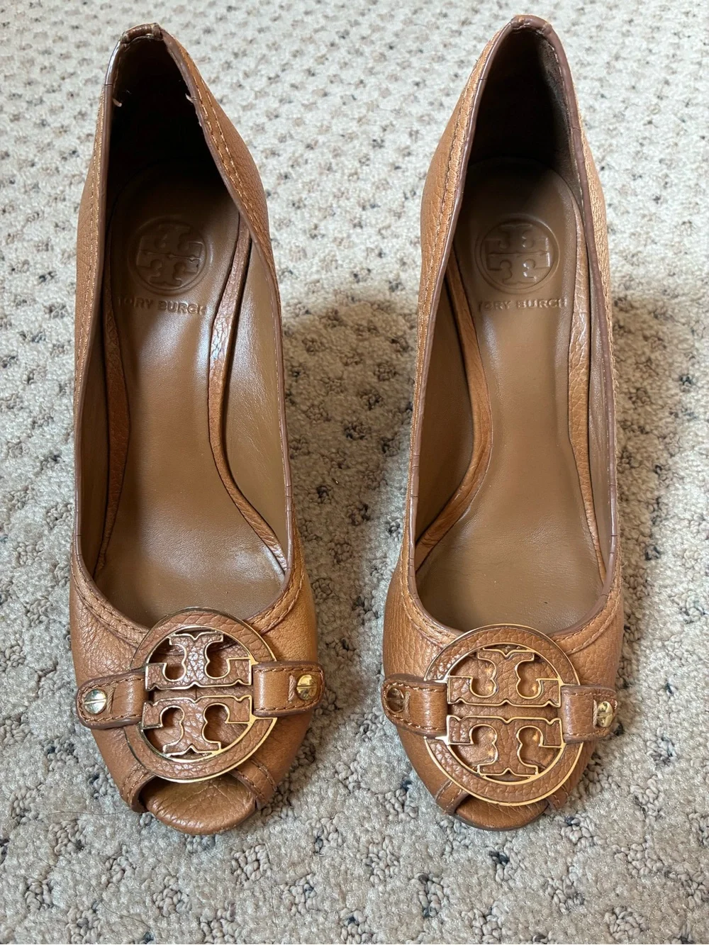 Tory Burch Tan Leather Peep-Toe Wedges with Logo Medallion